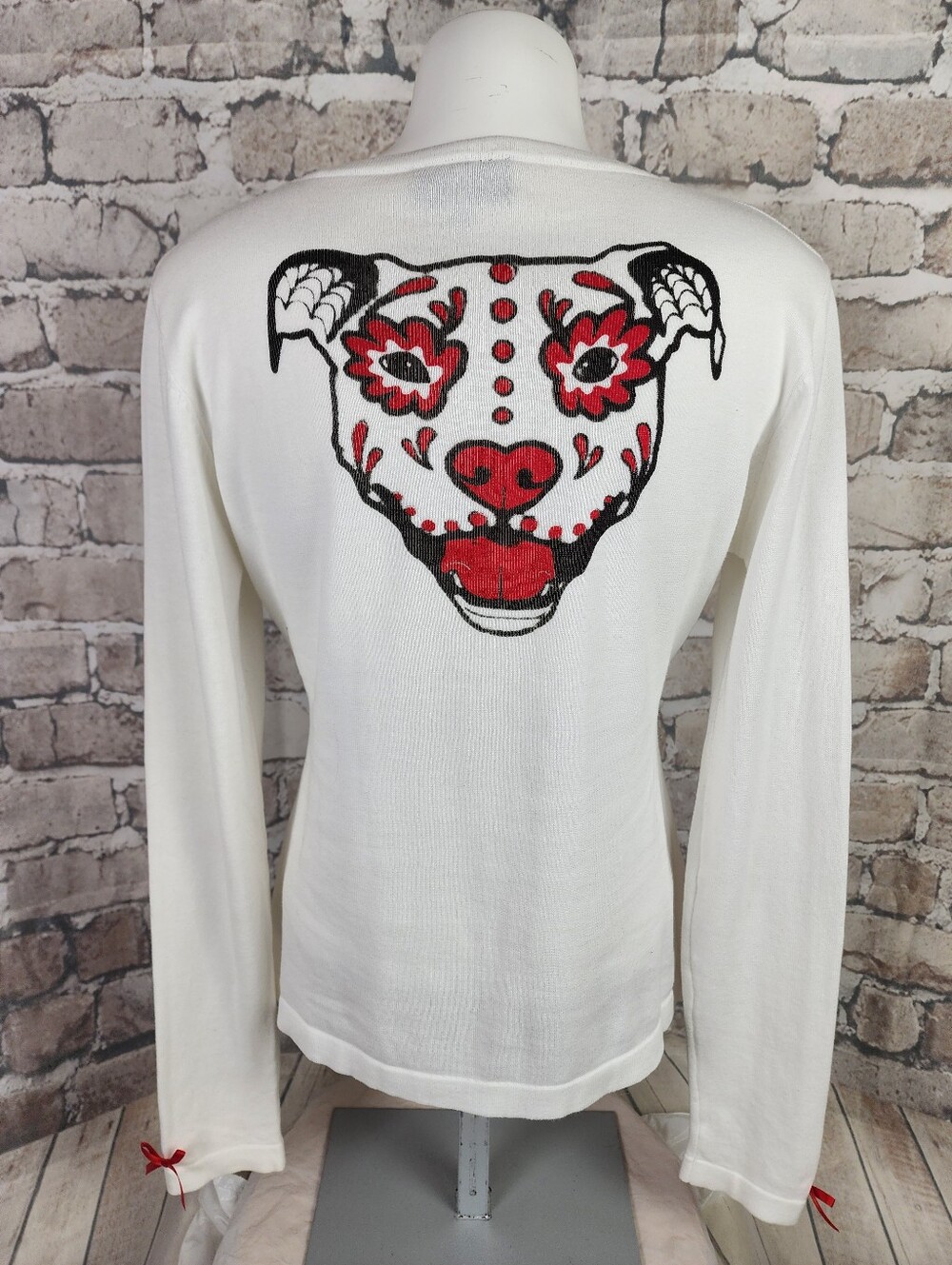 Sourpuss White Cardigan with Red Heart-and-Bones Embroidery - Picture 9 of 15